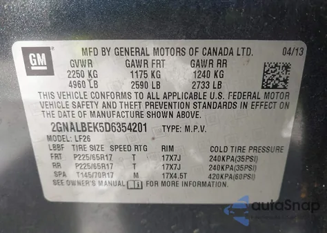 2013 Chevrolet Equinox Ls из США, поврежденный, VIN 2GNALBEK5D6354201